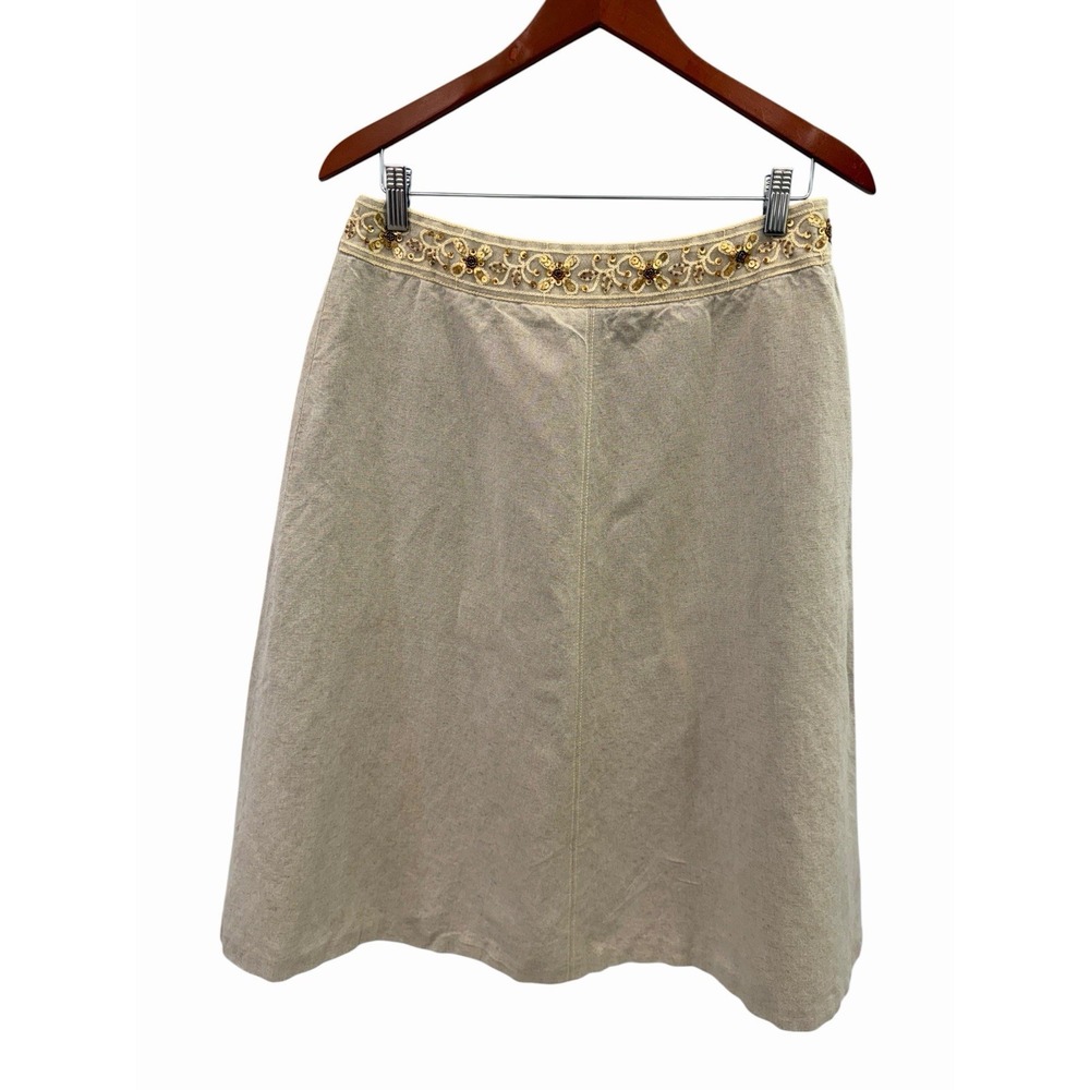 Vintage Harve Bernard Linen Blend Embroidered A-Line Skirt 10 Beige Minimalist
